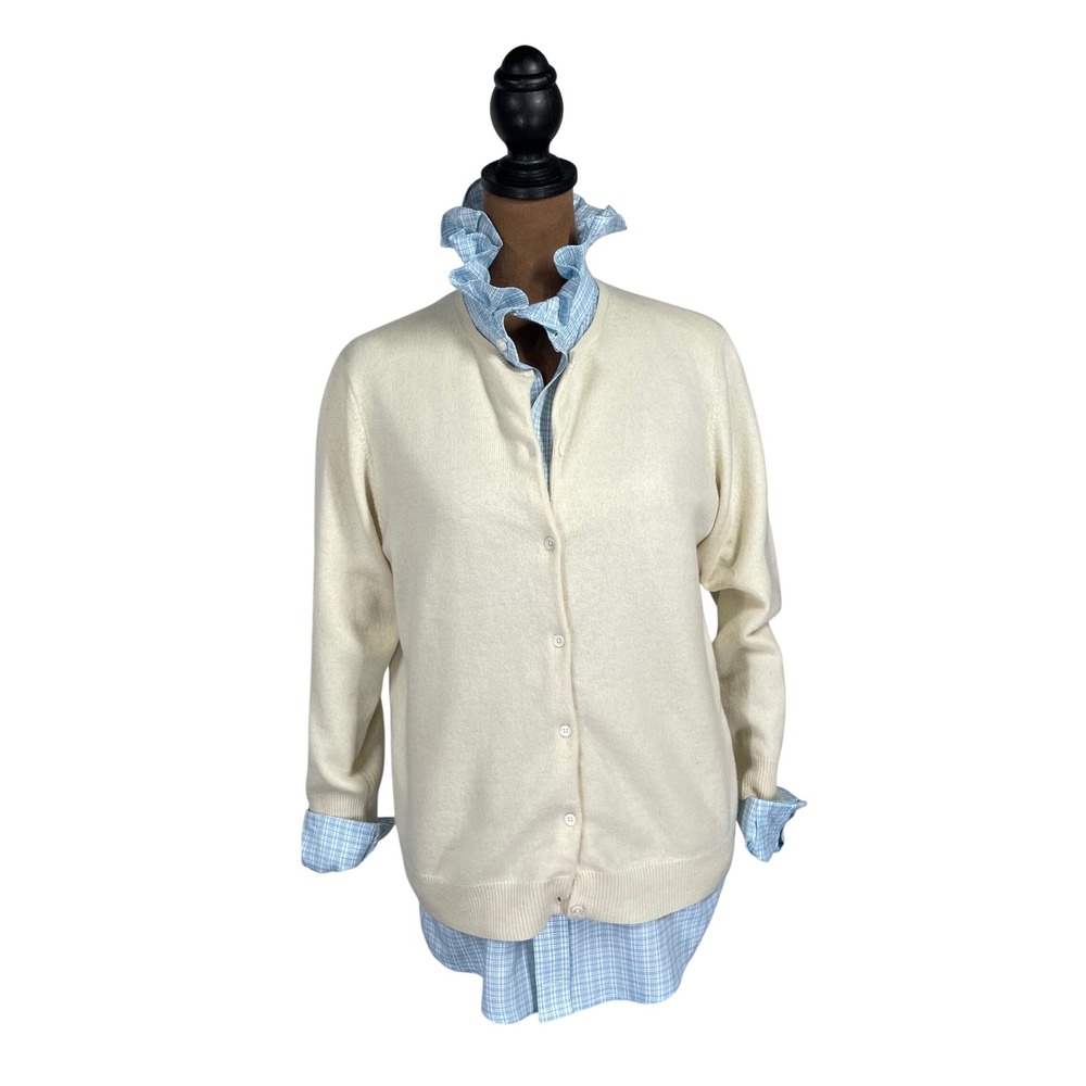 Lauren Ralph Lauren Womens Large Cream 100% Cashmere Crewneck Cardigan Sweater